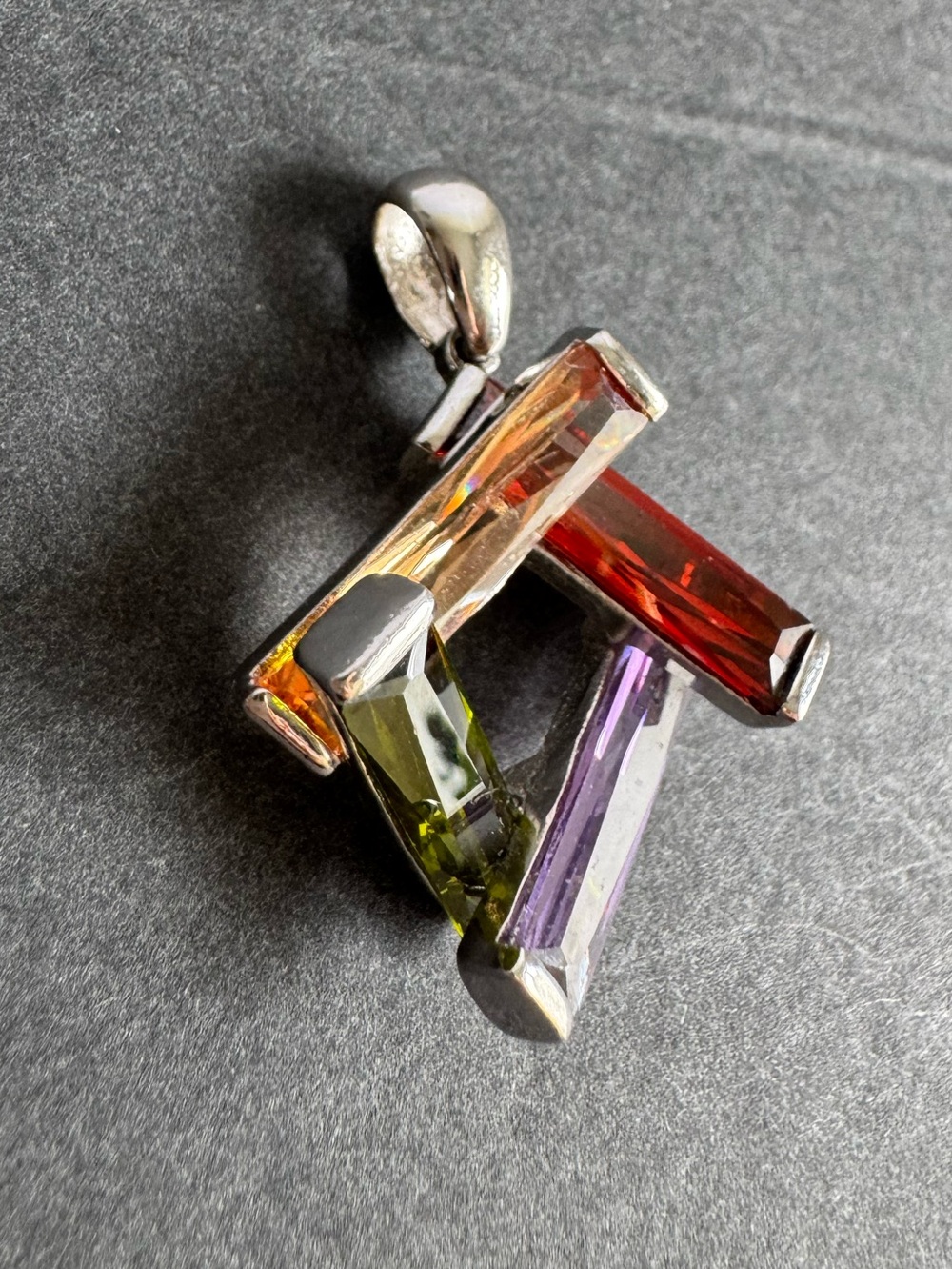 Vintage Sterling Silver Crystal 3D Pendant Colorful Geometric Necklace - Picture 3 of 9